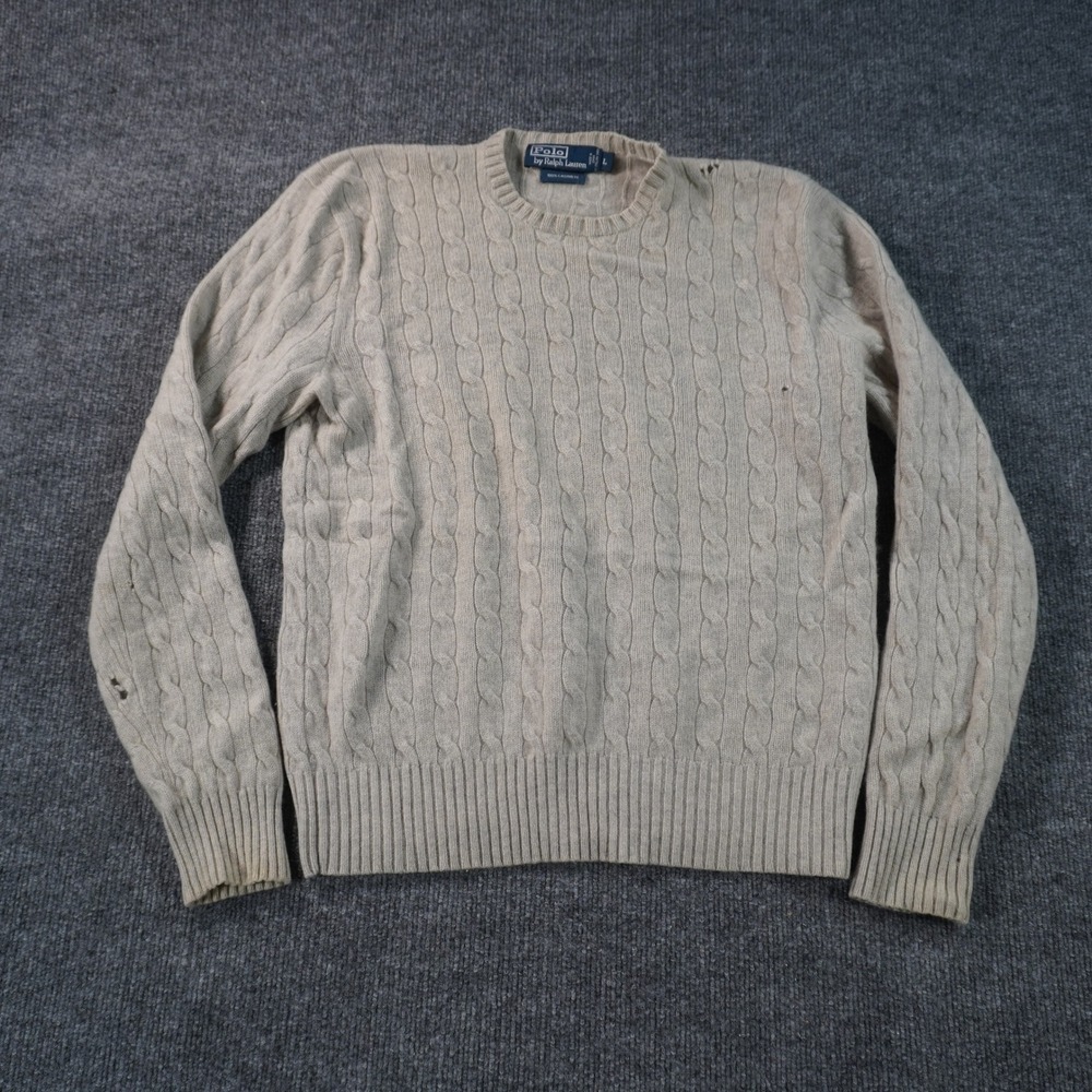 Polo Ralph Lauren Sweater Womens Large Beige 100% Cashmere Cable Knit Distressed
